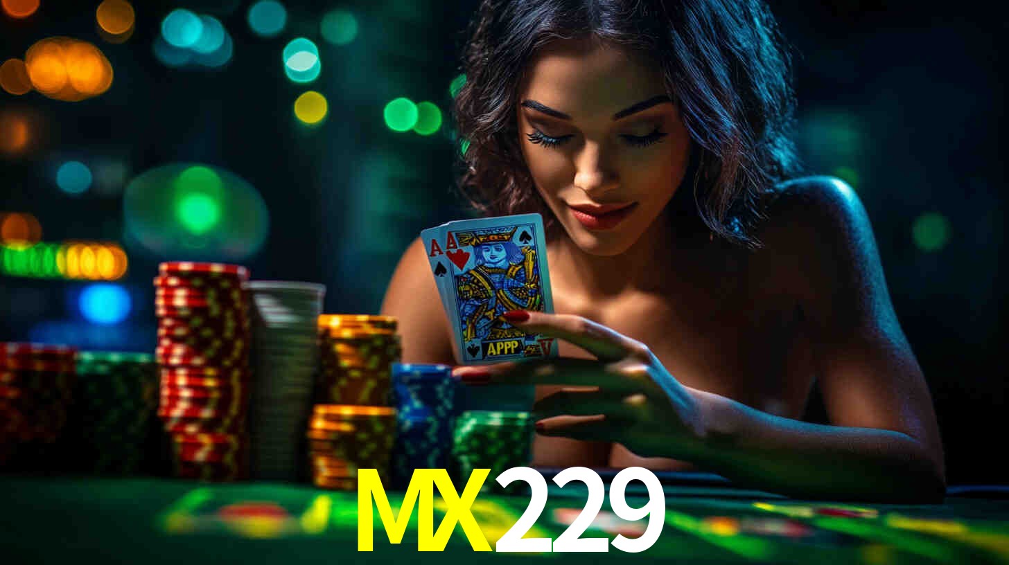 Una escena digital vívida inspirada en casino con MX229 mostrado prominentemente, luces brillantes, fichas, cartas y acentos dorados.
