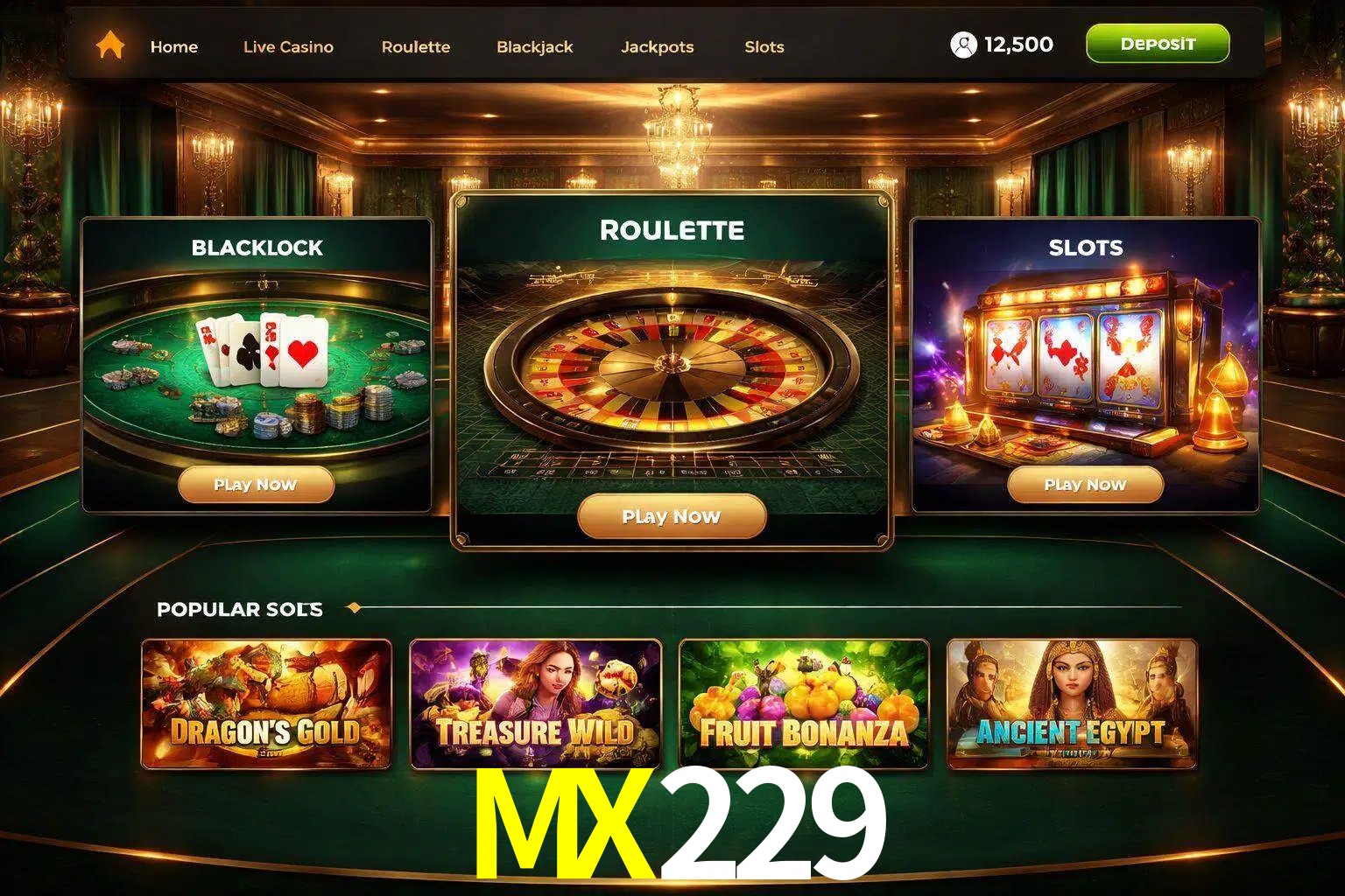 Vista de la plataforma MX229 Casino mostrando categorías organizadas de juegos en línea