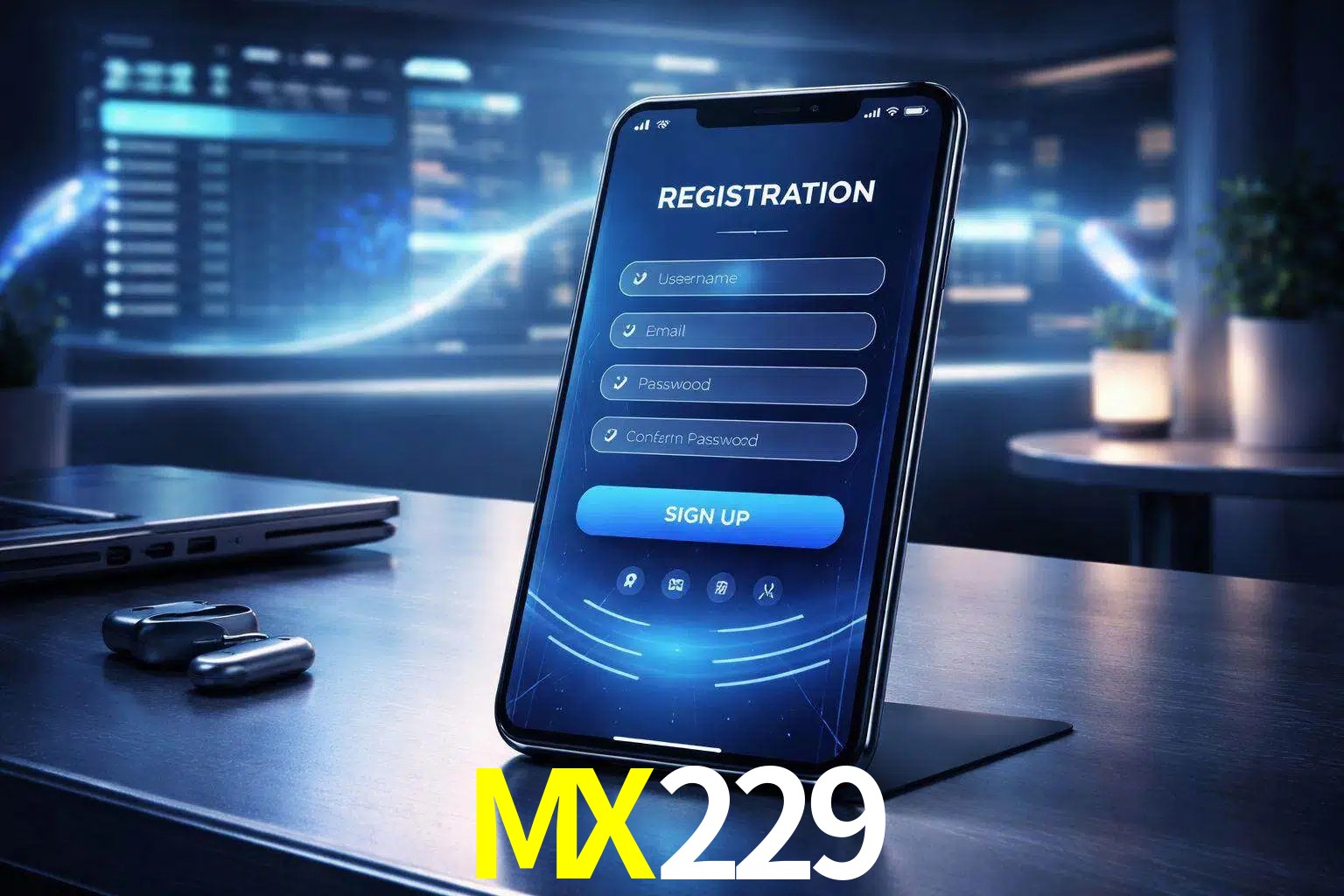 Una interfaz moderna de registro móvil para MX229 mostrada en un smartphone con un panel de apuestas elegante.